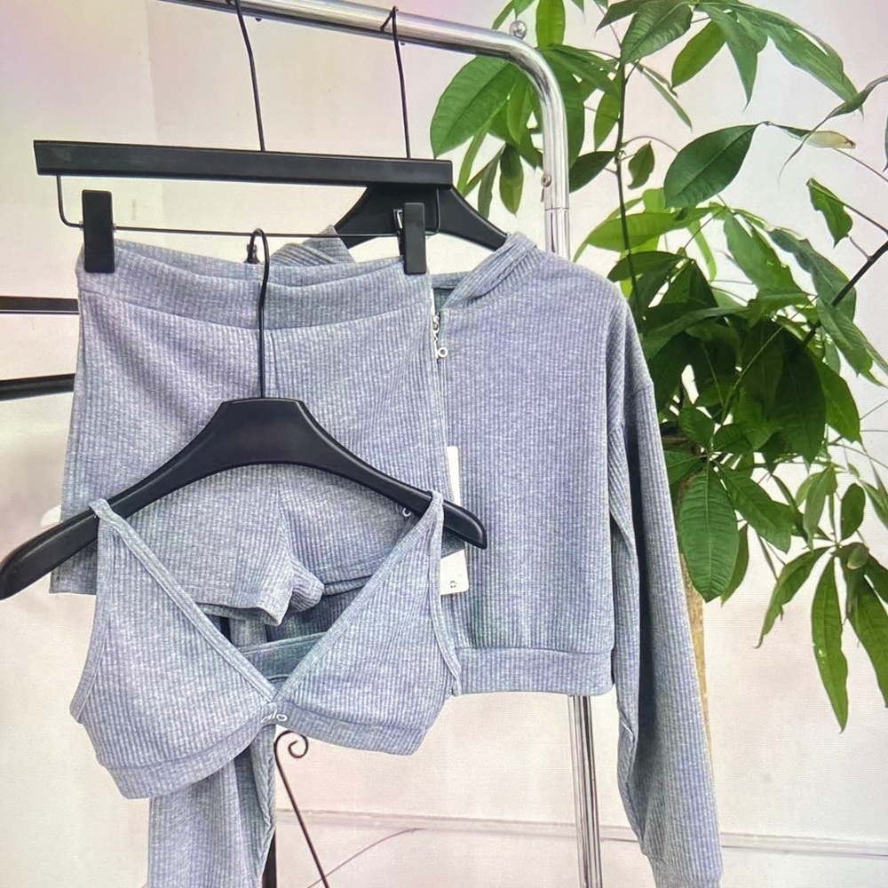 ALO Yoga Light Gray Ribbed Hoodie & Bralette Set
